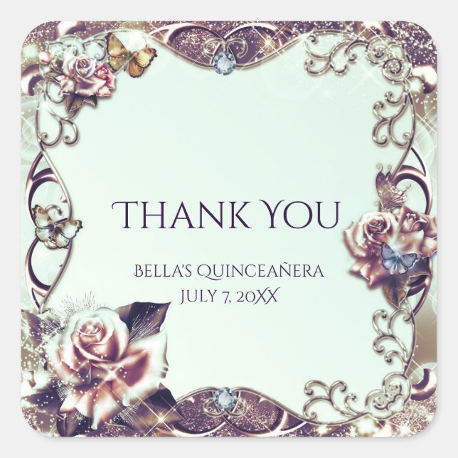 Rose und Schmetterlinge Bronze Quinceañera Party Quadratischer Aufkleber (Vorderseite)