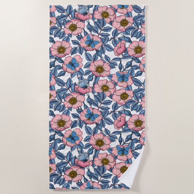 Rose und Schmetterlinge Strandtuch (Vorderseite)