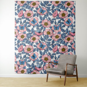 Rose und Schmetterlinge Wandteppich