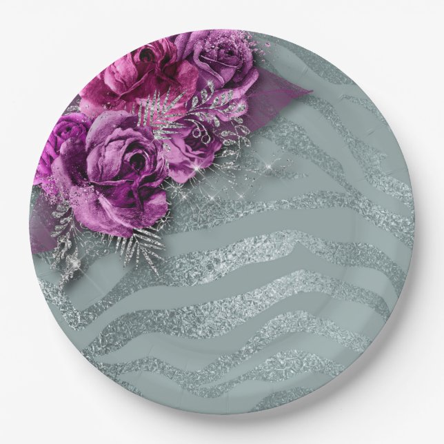 Rose und silberne Glitterie Zebra Streifen Pappteller (Vorderseite)