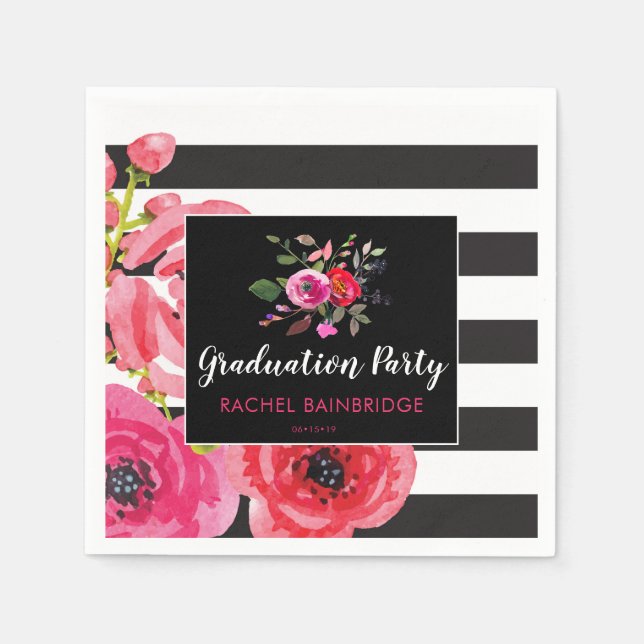 Rose und Streifen Graduierungsparty Serviette (Vorderseite)