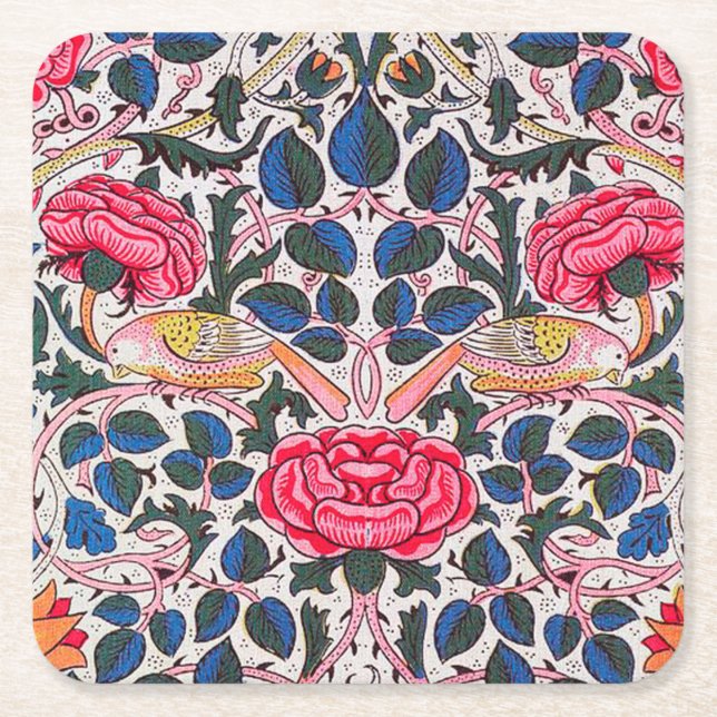 Rose und Vogel, William Morris Rechteckiger Pappuntersetzer (Vorderseite)