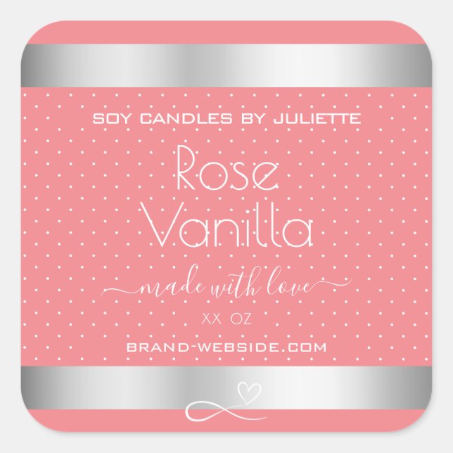 Rose Vanilla Scent Pink Silver Soy Kerzen Labels Quadratischer Aufkleber (Vorderseite)
