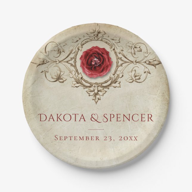 Rose | Vintag Crimson Red Gem Grunge Pappteller (Vorderseite)