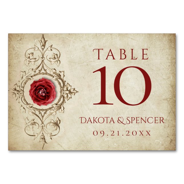 Rose | Vintag Crimson Red Gem Grunge Tischnummer (Vorderseite)