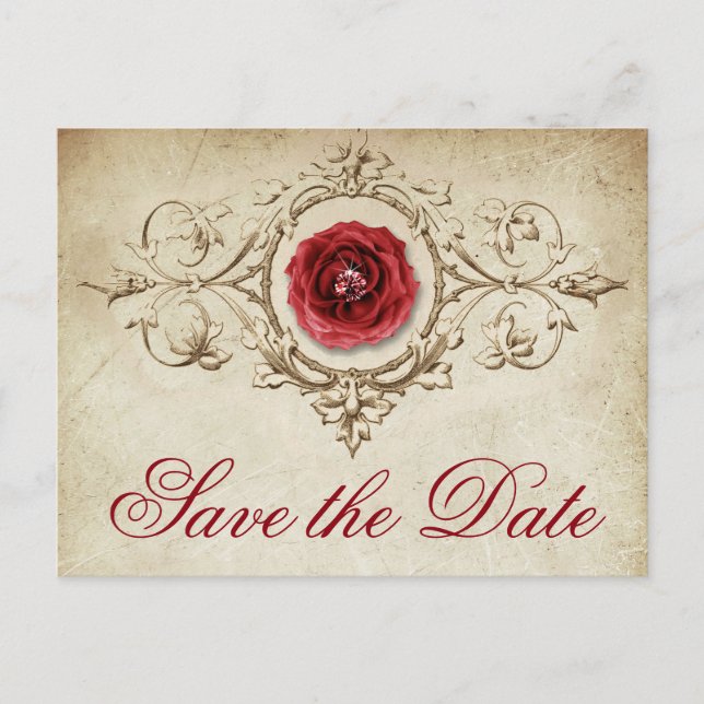 Rose | Vintage Crimson Red Save the Date Ankündigungspostkarte (Vorderseite)