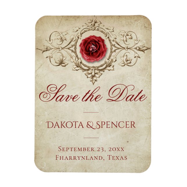 Rose | Vintage Crimson Red Save the Date Magnet (Vertikal)