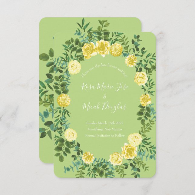 Rose Vintage Hochzeit von Gelb und Grün Einladung (Vorne/Hinten)