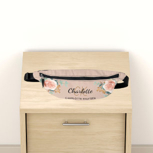 Rose von Beige, goldfarbener Blumengrün, Monogramm Bauchtasche