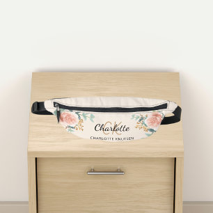 Rose von Beige, goldfarbener Blumengrün, Monogramm Bauchtasche