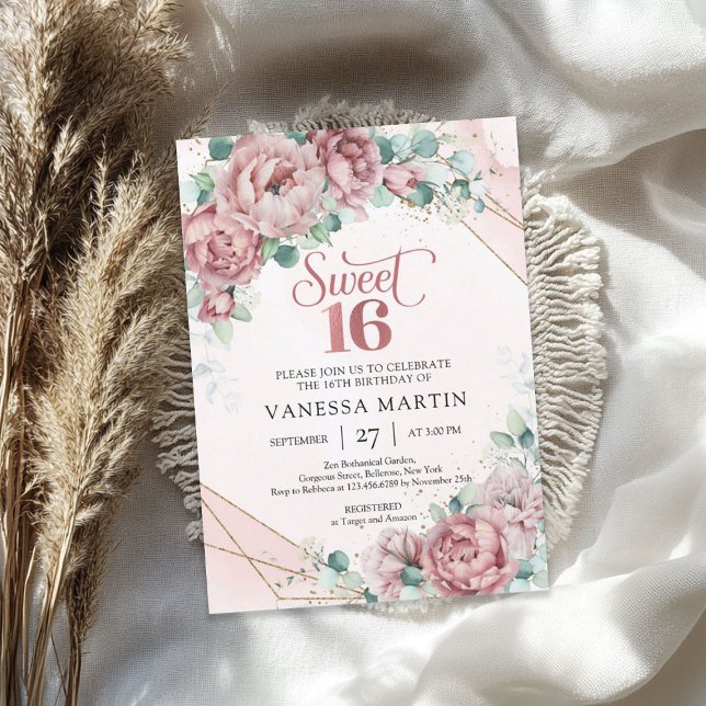 Rose von Boho Einladung (Boho spring rose gold blush roses eucalyptus gold invitation)