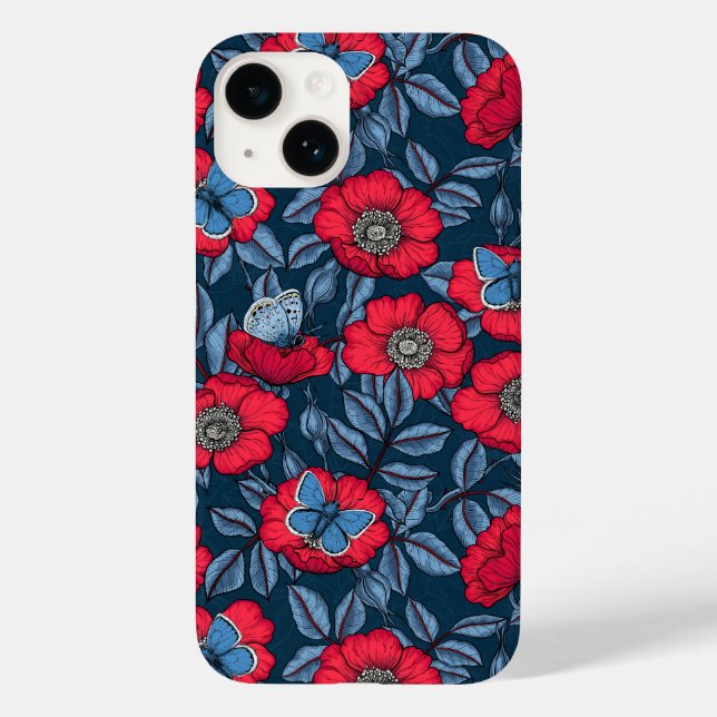Rose von Hunden und Schmetterlinge in blau und rot Case-Mate iPhone Hülle (Rückseite)