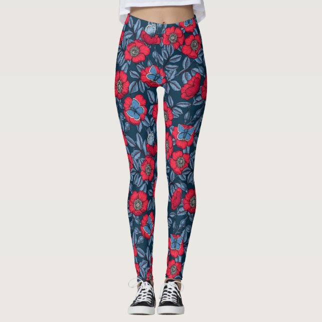 Rose von Hunden und Schmetterlinge in blau und rot Leggings (Vorderseite)