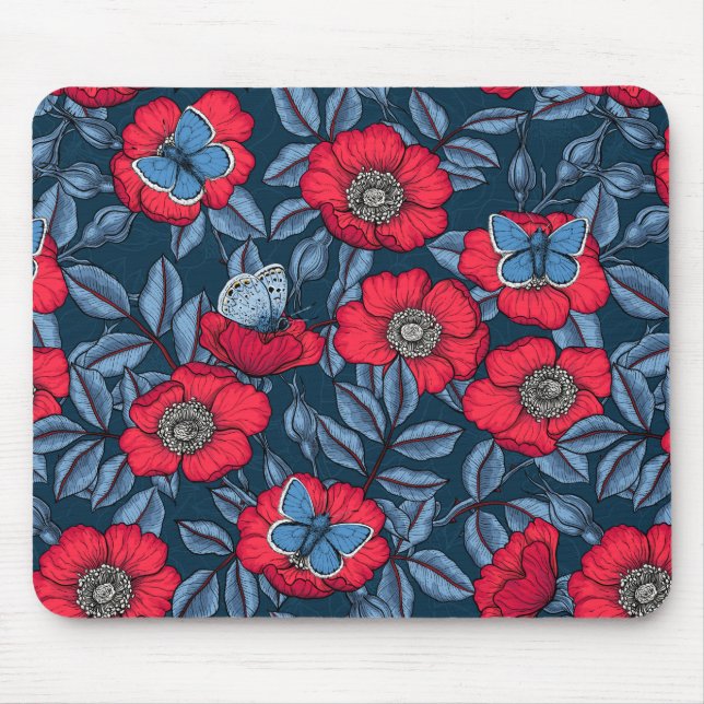 Rose von Hunden und Schmetterlinge in blau und rot Mousepad (Vorne)