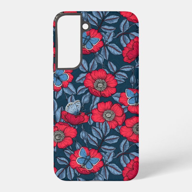 Rose von Hunden und Schmetterlinge in blau und rot Samsung Galaxy Hülle (Rückseite)