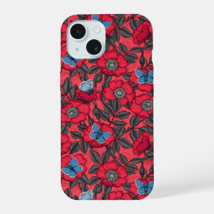 Rose von Hunden und Schmetterlinge in Rot und Blau iPhone 15 Hülle