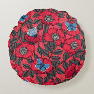 Rose von Hunden und Schmetterlinge in Rot und Blau Rundes Kissen