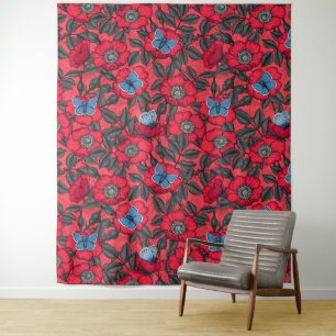 Rose von Hunden und Schmetterlinge in Rot und Blau Wandteppich