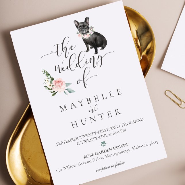 Rose von Schwarzwurblütlchen Einladung (Watercolor Pet Black French Bulldog Floral Rose Invitation)