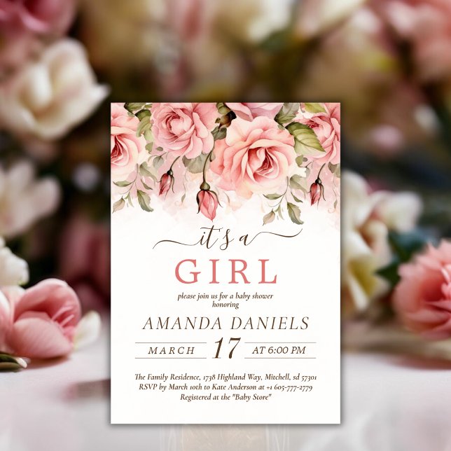 Rose Wasserfarben Kinderdusche Es ist ein Mädchen Einladung (Blush Rose Watercolor Baby Shower It's A Girl Invitation)