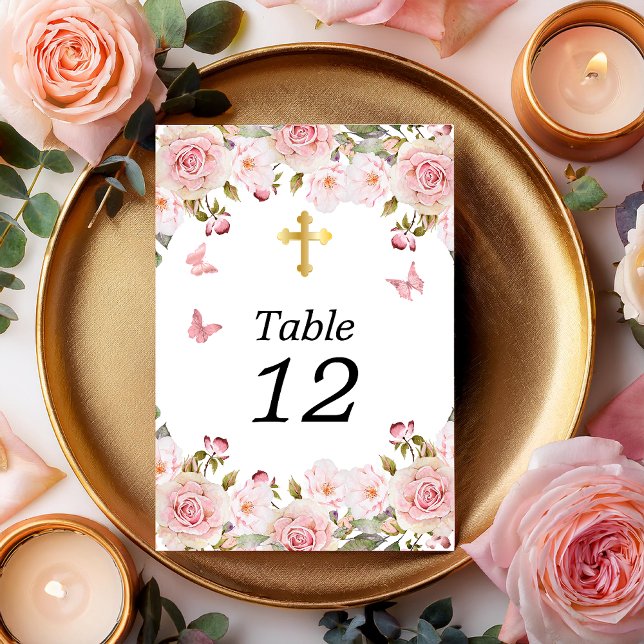 Rose Wasserfarbene Blumenschmetterlinge und Kreuz Tischnummer (Pink Rose Floral and Gold Tone Trinity Cross Table Number Cards)
