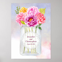 Rose Wasserfarbene Peonies Rustic Mason Jar Weddin Poster