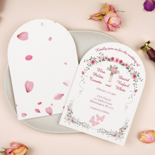Rose Wasserfarbener Christlicher Hochzeitsplatz Einladung (Roses Watercolor Floral with Cross Arch Wedding Invitation)