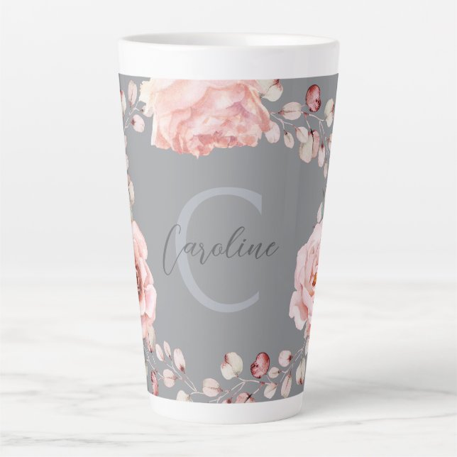 Rose Watercolor Personalisiert | Grau Milchtasse (Vorderseite)