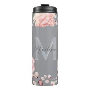 Rose Watercolor Personalisiert Grau Thermosbecher