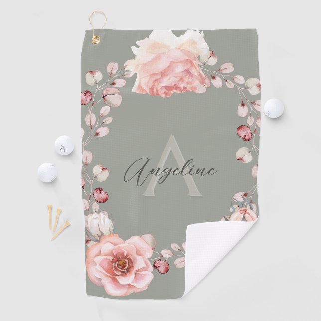Rose Watercolor Personalisiert | Sage Green Golfhandtuch (Insitu)