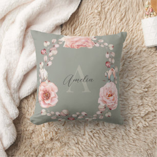 Rose Watercolor Personalisiert   Sage Green Kissen