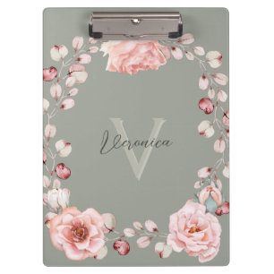 Rose Watercolor Personalisiert   Sage Green Klemmbrett
