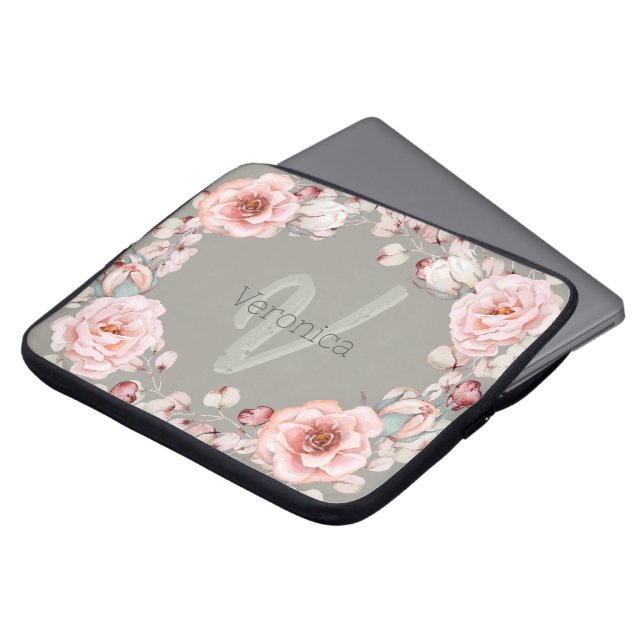 Rose Watercolor Personalisiert | Sage Green Laptopschutzhülle (Vorne Oben)