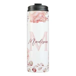 Rose Watercolor Personalisiert   Weiß Thermosbecher