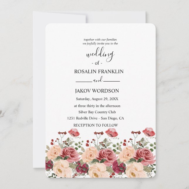 rose watercolor wedding Invitation Einladung (Vorderseite)
