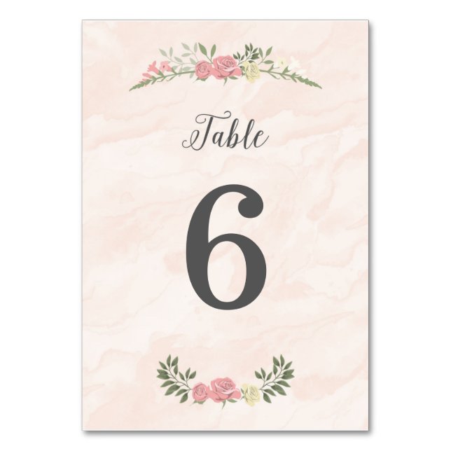 Rose Watercolor Wedding Tischnummer Card (Vorderseite)