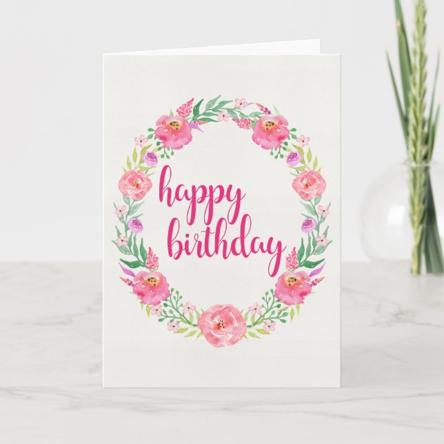 Rose Watercolor Wreath Happy Birthday Card Karte (Vorderseite)