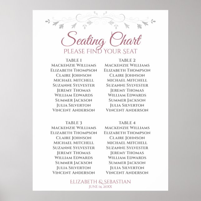 Rose & White Simple 4 Table Wedding Chart Poster (Vorne)