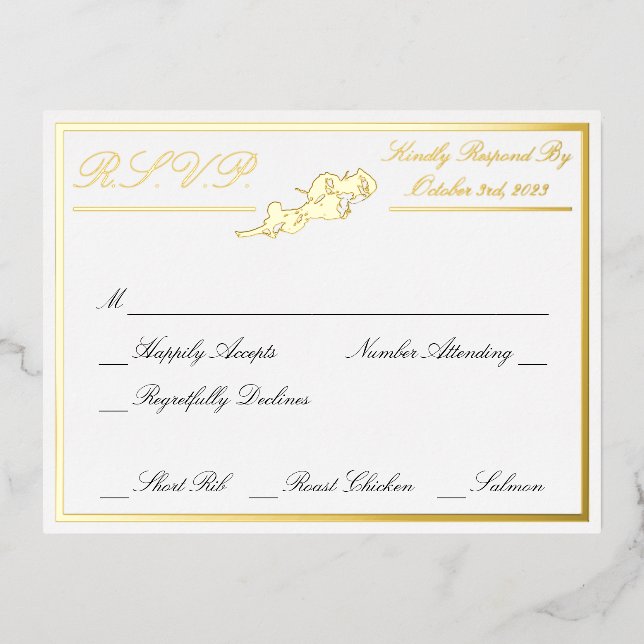 Rose, White Wedding RSVP Gold Folie Einladungspostkarte (Vorderseite)