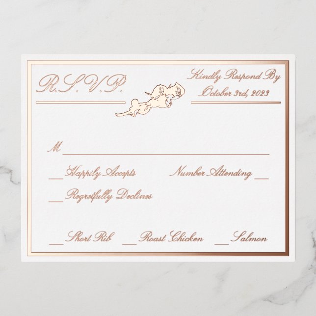 Rose, White Wedding RSVP Rose Gold Full Folie Einladungspostkarte (Vorderseite)