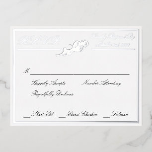 Rose, White Wedding RSVP Silver Folie Einladungspostkarte