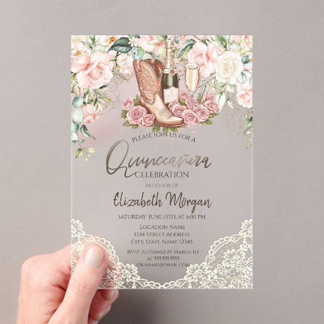 Rose Wine Boots Lace Quinceanera Acryleinladungen (Insitu (Handheld))