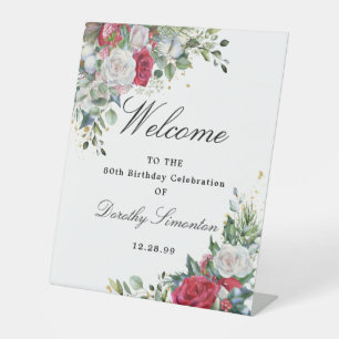 Rose Winter Greenery 80. Geburtstag Willkommen Sockelschild