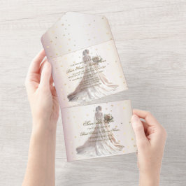 Rose Winter Wedding Bride Golden Shiny Hearts All In One Einladung