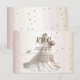 Rose Winter Wedding Bride Golden Shiny Hearts RSVP Karte
