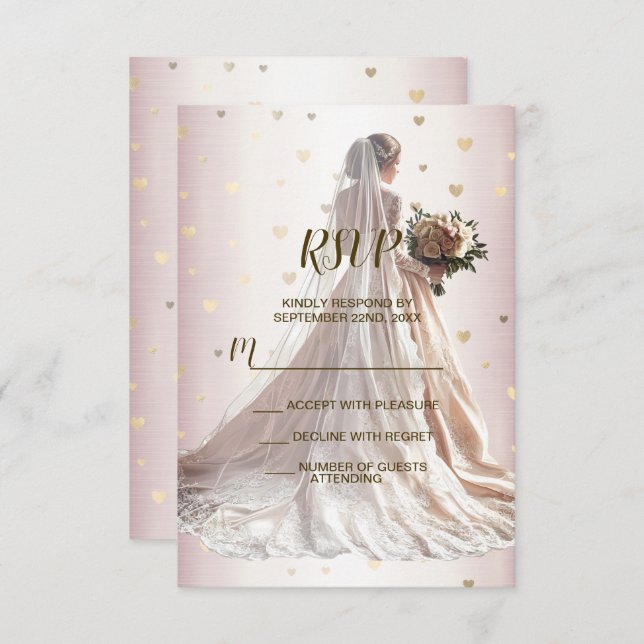 Rose Winter Wedding Bride Golden Shiny Hearts RSVP Karte (Vorne/Hinten)