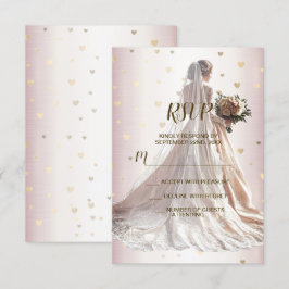 Rose Winter Wedding Bride Golden Shiny Hearts RSVP Karte