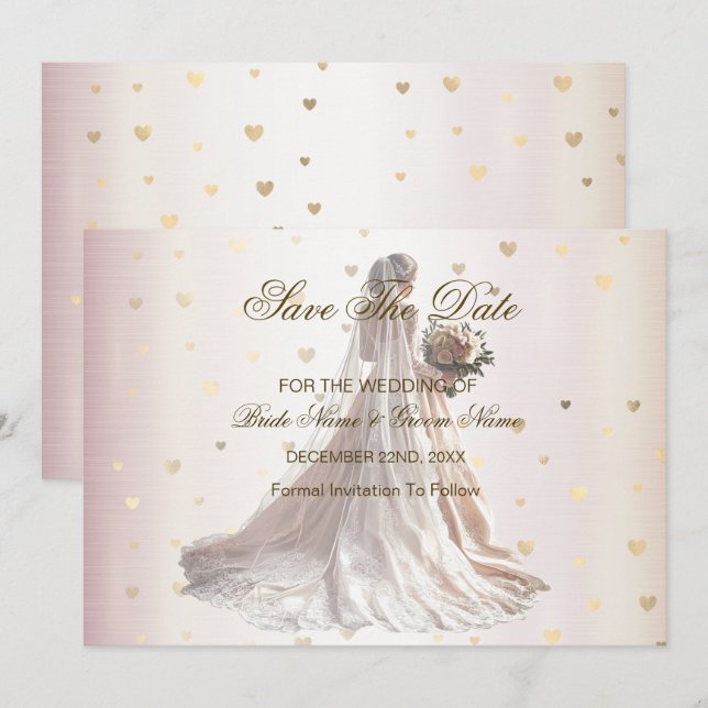 Rose Winter Wedding Bride Golden Shiny Hearts Save The Date (Vorne/Hinten)