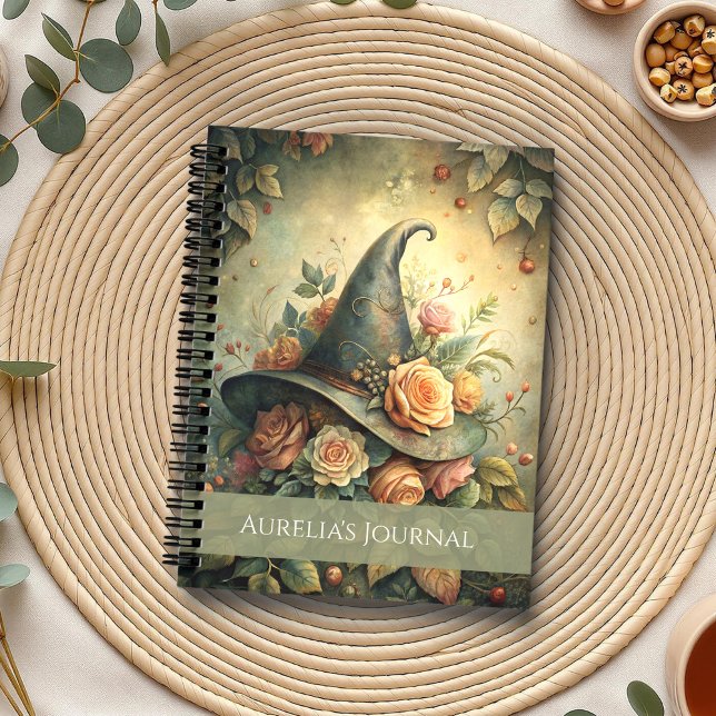 Rose Witch Hat - Notebook für Magische Gedanken Notizbuch (Rose Witch Hat – Notebook for Magical Thoughts on a boho table with botanicals and a cup of tea)