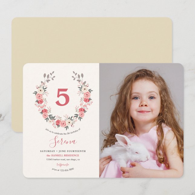 Rose Wreath 5. Geburtstag Einladung (Vorne/Hinten)